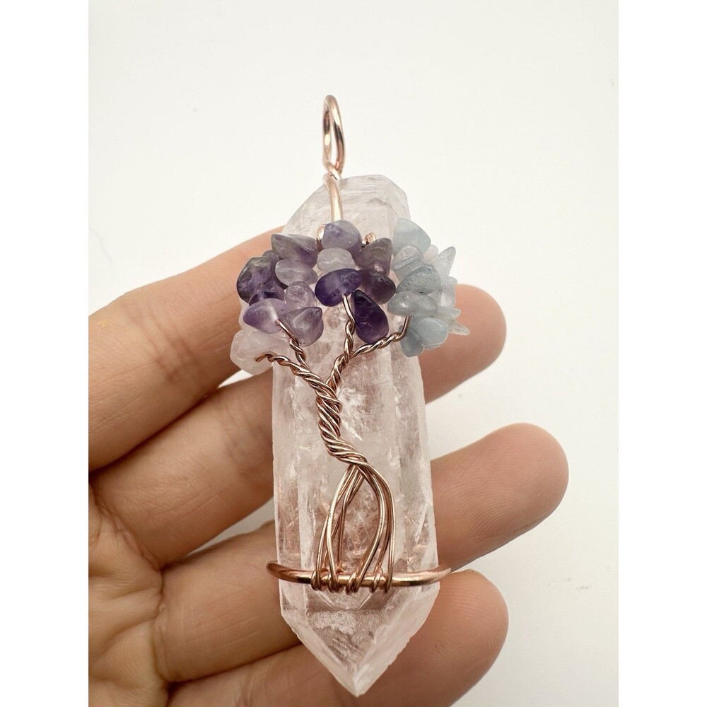 Copper Wire Wrap Tree Of Life Crystal Quartz Point Pendant